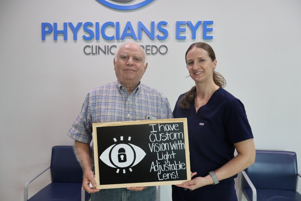 Erin Lewis, NP with a patient celebrating their final Light Adjustable Lens Lock-In at Physicians Eye Clinic of Laredo.