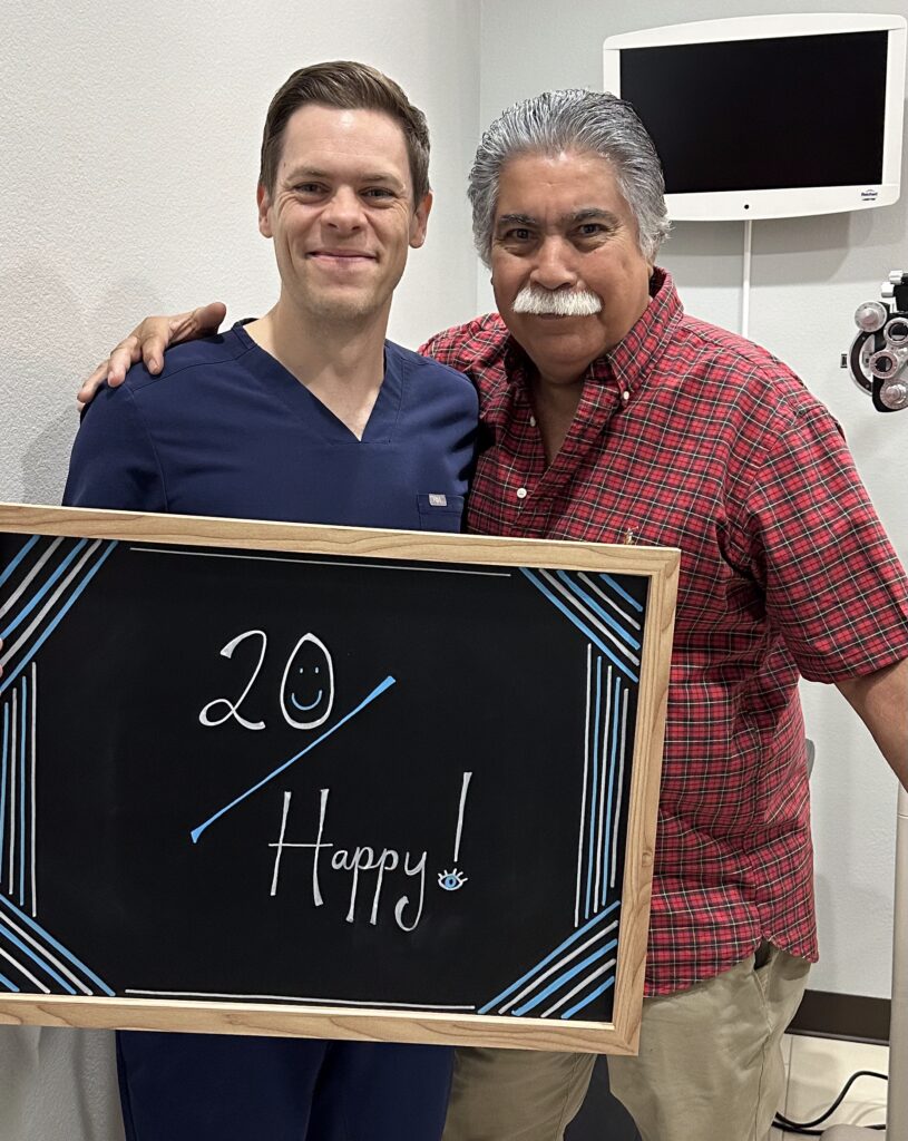 Dr. McNutt with a patient celebrating vision correction results at Physicians Eye Clinic of Laredo.