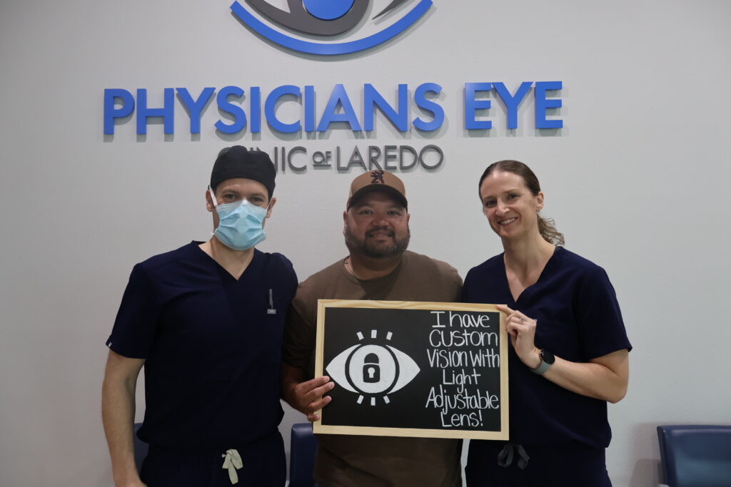 Dr. Stephen McNutt and Nurse Practitioner Erin Lewis with a happy patient after Light Adjustable Lens Lock-In at Physicians Eye Clinic of Laredo.