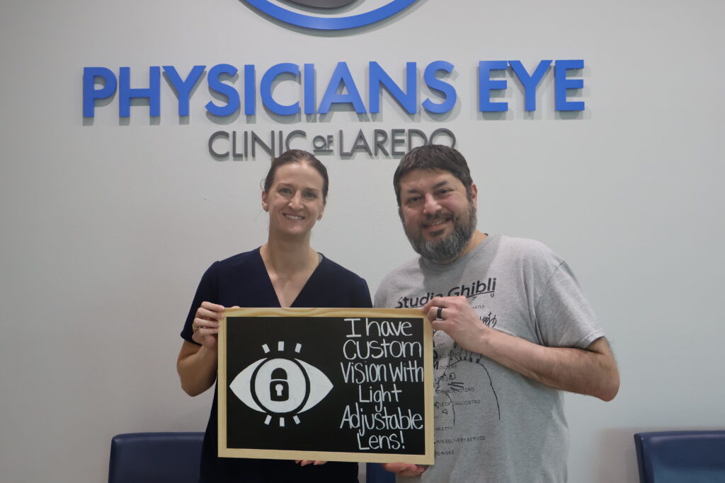 Nurse Practitioner Erin Lewis with a happy patient after Light Adjustable Lens Lock-In at Physicians Eye Clinic of Laredo.